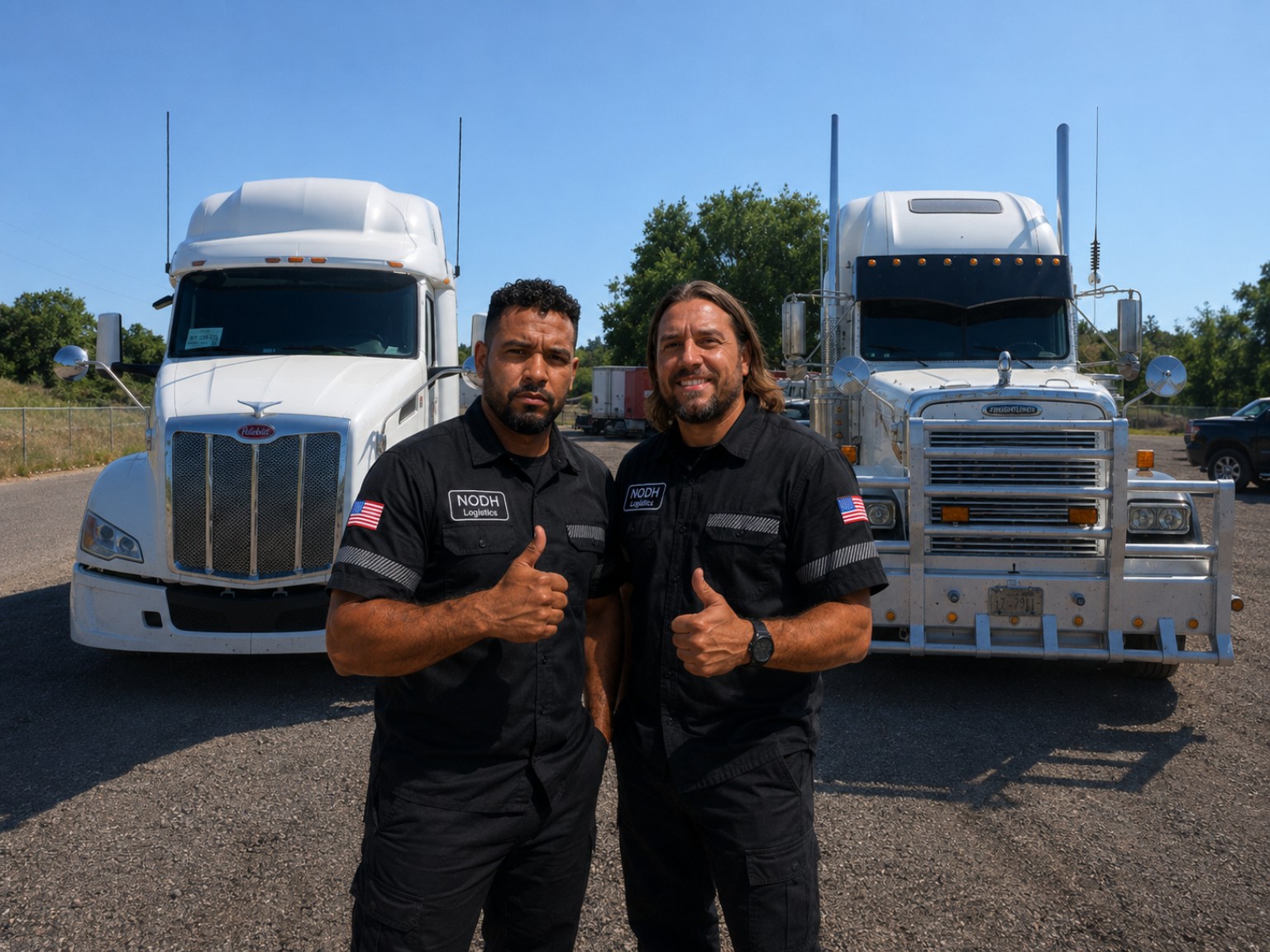 Two NODH Logistics professionals standing in front of two company trucks
